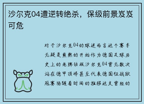 沙尔克04遭逆转绝杀，保级前景岌岌可危